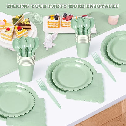 Vyntra 350 PCS Disposable Plates for Boho Party, Paper Plates & Napkins Set with Cups, Knives, Forks, Spoons, 7'' Dessert and 9'' Dinner Plates for Wedding, Baby Shower, Birthday - Sage Green