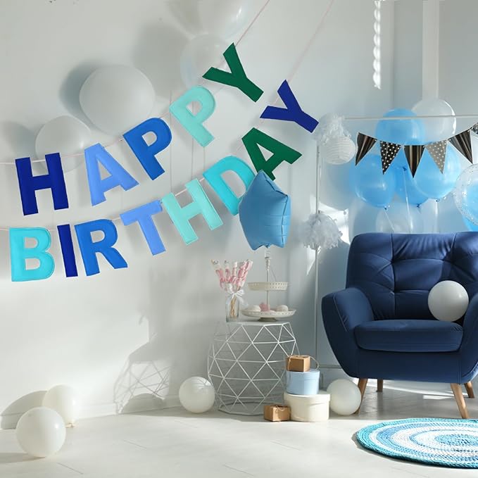 Felt Happy Birthday Garland Rainbow Banner Reusable Happy Birthday Sign Party Supply for Party Decor(Blue Color,Normal)