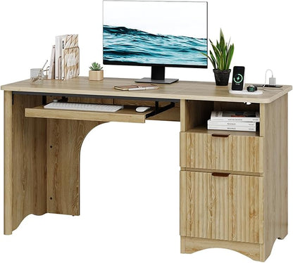 Bestier Computer Desk with Drawer, 55 inch Office Desk with Power Outlet, Modern Home Office Desk with Keyboard Tray (Natual Oak, 55" W with Single-Sided Drawers)