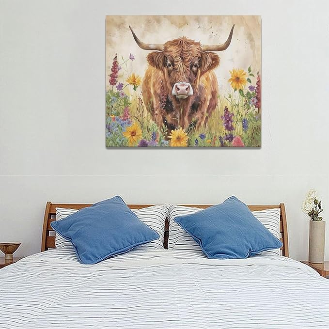 Highland Cow Wall Art Cow Pictures Wall Decor Flora Canvas Prints Painting Framed Artwork Office Home Decor For Bathroom Bedroom Dining Living Room 24L" x 20W"