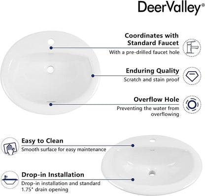DeerValley Oval Drop-In Bathroom Sink 20x17 Inch, White Ceramic Vessel Basin with Overflow and Single Faucet Hole for Vanity Installation