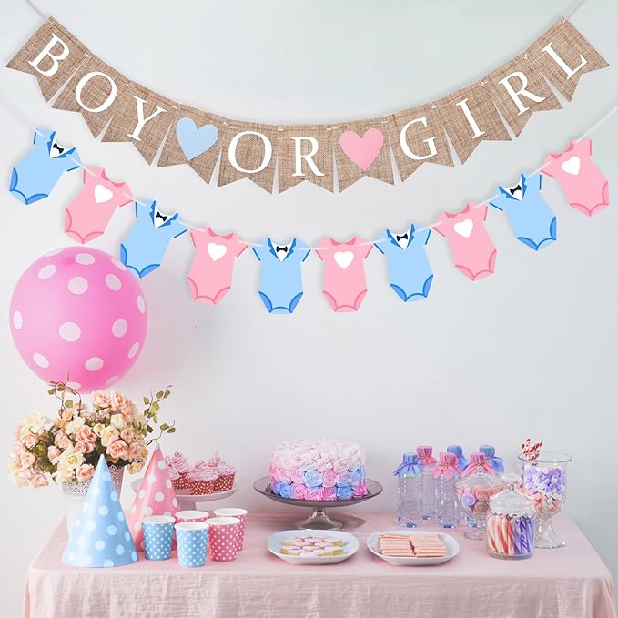 2 Pcs Gender Reveal Party Decorations Pre-Strung Boy or Girl Burlap Baby Shower Banner and Bodysuits Clothesline Garland Baby Outfit for Gender Reveal Birthday Baby Shower Party Decorations