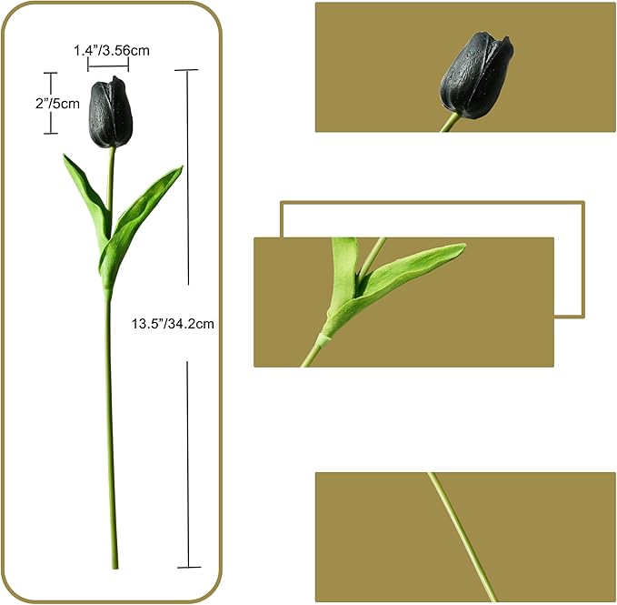 ONLY ART Artificial Black Tulips 20 Pcs – 13.5 Inch PU Faux Flowers with Bendable Stems for Home Décor, Wedding Centerpieces, DIY Floral Arrangements, Table Decorations