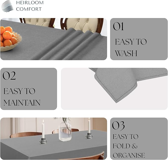 Ash Grey Cotton Tablecloth, Tabletop 52x70 Inch, Fits 4-6 Seats, Soft, Durable, Washable, Wrinkle Resistant, Rectangle Table Cloth for Dining, Events, Modern Decor, Home Dining