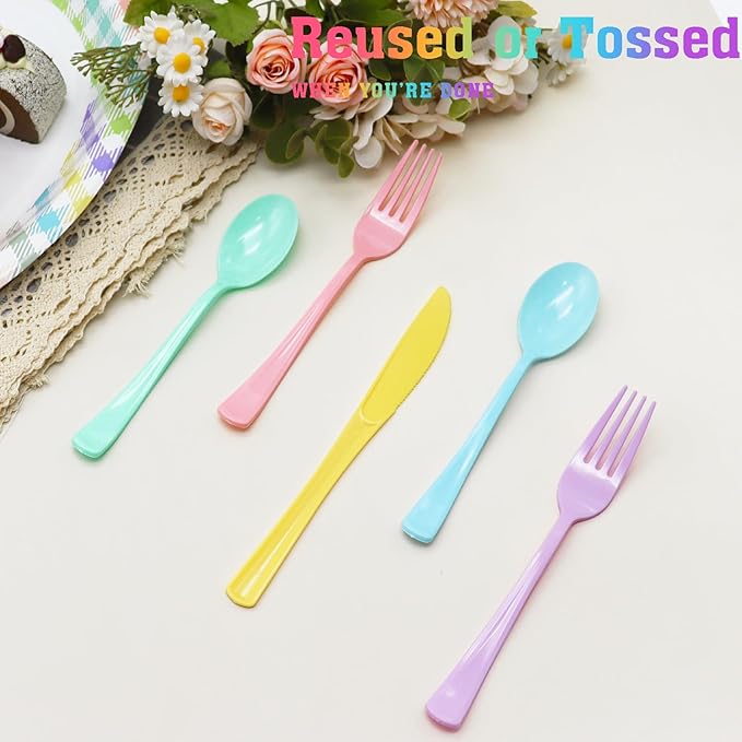 150 Pcs Pastel Plastic Silverware Heavy Duty Iridescent Utensils Plastic Pastel Silverware Disposable Includes 50 Forks 50 Knives 50 Spoons for Easter, Birthday, Baby Shower, Garden Party, Wedding
