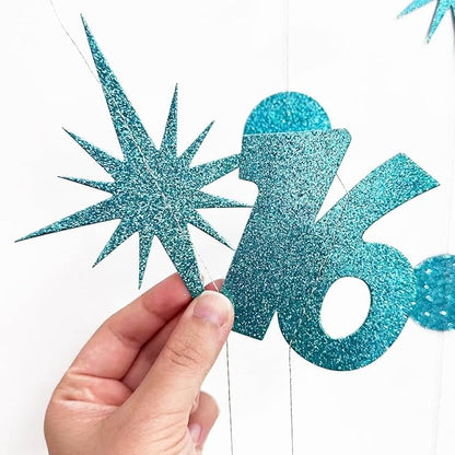 Teal Blue 16th Birthday Decorations Number 16 Circle Dot Star Garland Glitter Streamer Banner Backdrop for Girls Boys Sweet Sixteen Cheers to 16 Years Old Birthday 16th Anniversary Party Supplies