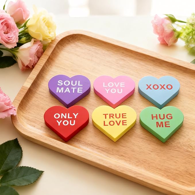 Valentines Day Wooden Heart Table Decor, 6PCS Double-Sided Conversation Heart Signs for Tiered Tray, Rustic Farmhouse Freestanding Wood Blocks, Valentine's Day Wedding Party Decorations and Gifts