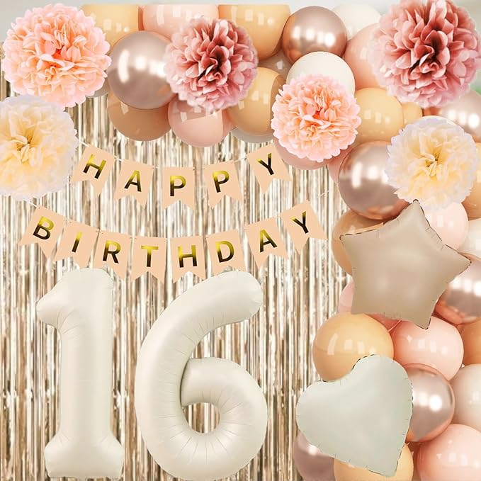 Beige 16th Birthday Decorations Girls Boys Cream Number 16 Balloon Nude Gold Happy Birthday Banner Fringe Curtain Paper Pom Poms Blush White Sand Champagne Star Foil Balloons Neutral Boho Party Decor