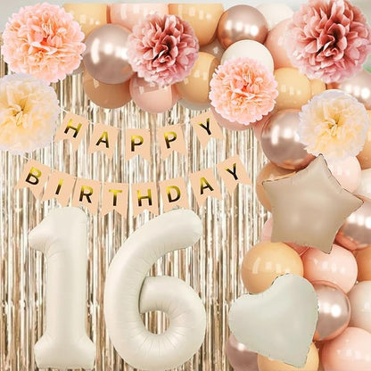 Beige 16th Birthday Decorations Girls Boys Cream Number 16 Balloon Nude Gold Happy Birthday Banner Fringe Curtain Paper Pom Poms Blush White Sand Champagne Star Foil Balloons Neutral Boho Party Decor