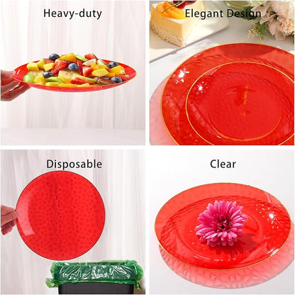150 Pcs Red Plastic Plates - Fancy Plastic Dinnerware Set for 25 Guests - 50 Red Disposable Plates, 75 Gold Silverware, 25 Napkins for Party Birthday Christmas