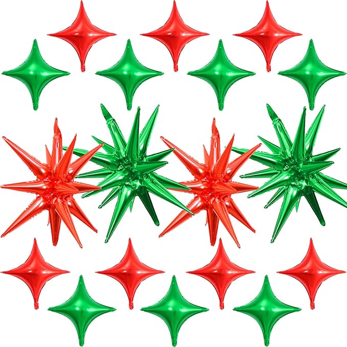 Red Green Star Balloons - 22 inch Star Foil Mylar Balloons - 10 inch Four-Pointed and Pentagram Balloon for Birthday Party, Anniversary, Christmas Themed Party Decorations