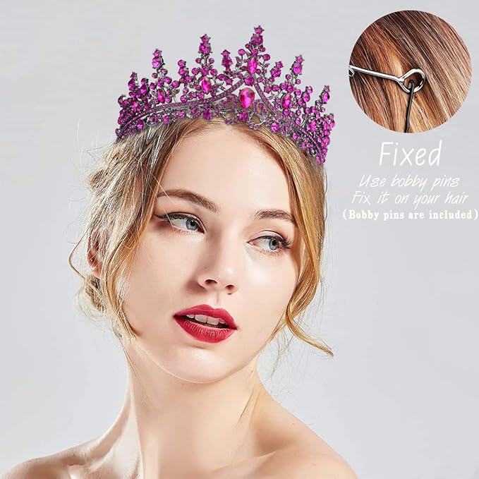 TOBATOBA Tiaras for Women, Hot Pink Tiara Crowns for Women, Wedding Tiara for Bride Queen Crown, Royal Princess Quinceanera Headpieces for Birthday Prom Pageant Halloween Cosplay Accessories