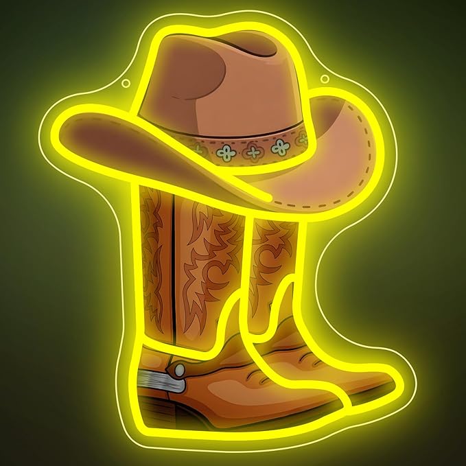 Cowboy Boot Neon Sign Cowboy Hat Neon Light 15.2”x13” Yellow Cowboy LED Sign for Wall Decor Dimmable Western Light Up Signs for Bedroom Game Room Man Cave Presents for Birthday Party Rodeo Enthusiast