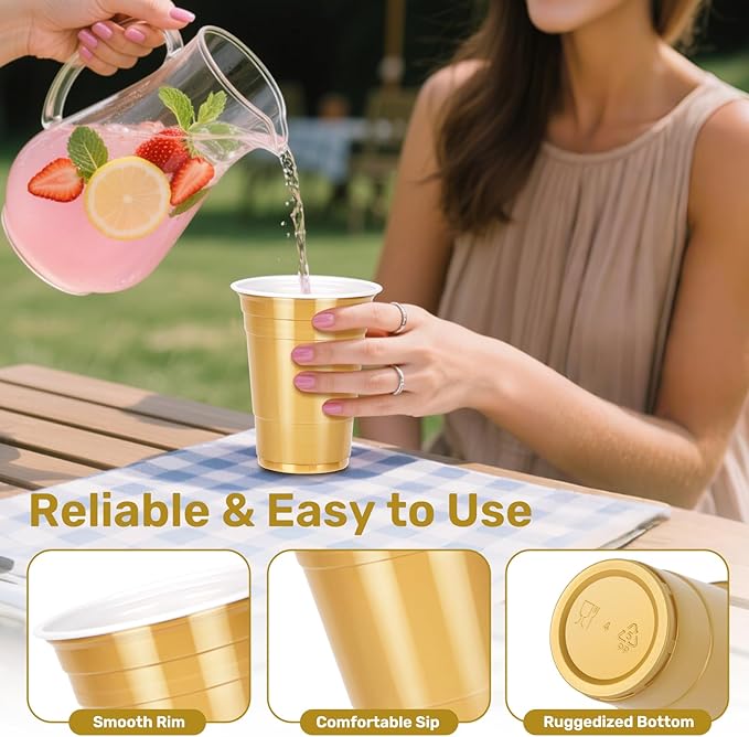 100PCS Gold Plastic Cups, 16oz Disposable Party Cups Bulk Pack, BPA Free Drinking Cups for Soda Juice Beer Cold Drinks Suitable for Wedding Halloween Thanksgiving Christmas Birthday Celebrations