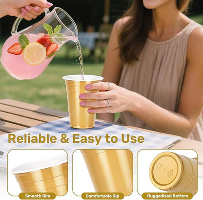 100PCS Gold Plastic Cups, 16oz Disposable Party Cups Bulk Pack, BPA Free Drinking Cups for Soda Juice Beer Cold Drinks Suitable for Wedding Halloween Thanksgiving Christmas Birthday Celebrations
