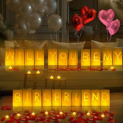 Will You Be My Girlfriend Lighted Letters Sign 21pcs Luminary Paper Bags 2200pcs Red Pink Artificial Rose Petals 48pcs Flameless LED Candle Tealight 10pcs Heart Balloons Romantic Night Valentine's Day