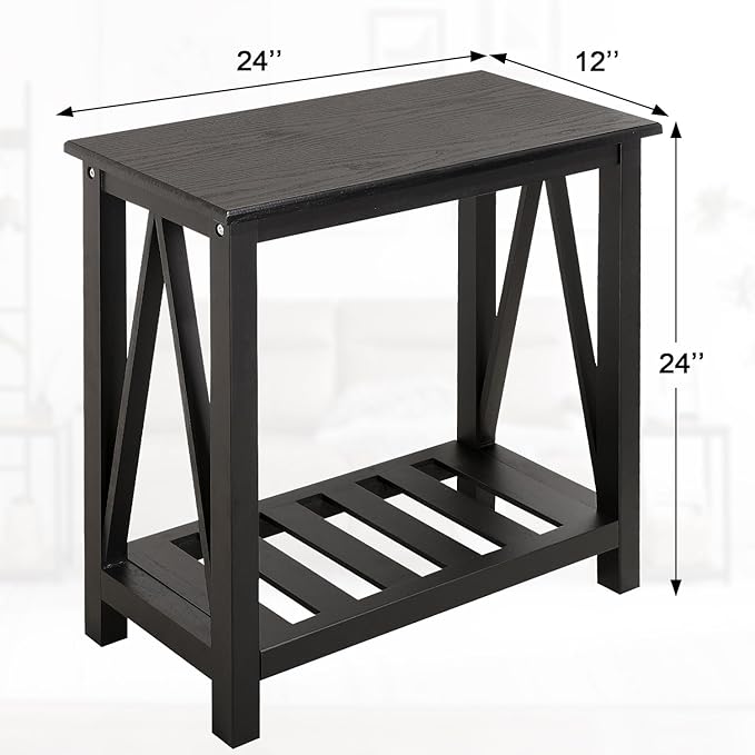 Narrow Side Table with Storage Shelf 2 Tier Wooden Nightstand Bedside Tables for Small Spaces Black Modern Accent Sofa Side Tables for Couch Living Room Bedroom Entryway