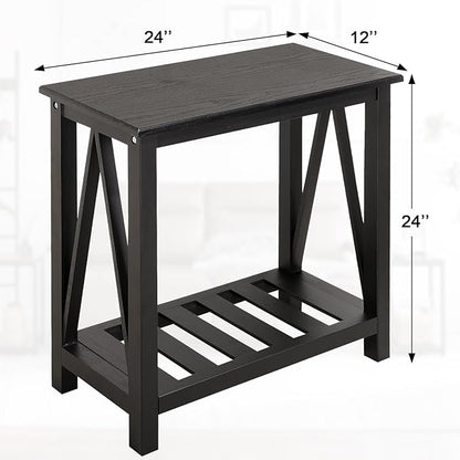Narrow Side Table with Storage Shelf 2 Tier Wooden Nightstand Bedside Tables for Small Spaces Black Modern Accent Sofa Side Tables for Couch Living Room Bedroom Entryway