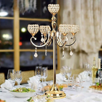 8PCS 5 Arm Gold Candelabra Centerpieces for Tables 33 Inches,Metal Crystal Candlestick Holders with Beaded Globe for Home Wedding Party Floor Candle Stand Home Decor centros de mesa de 15 años