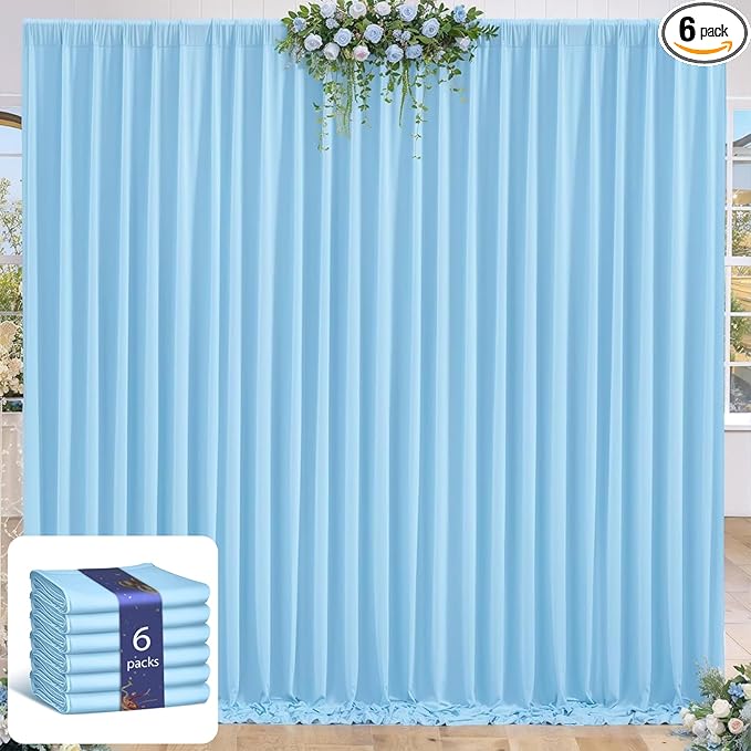 24 x 10ft Baby Blue Backdrop Curtains for Baby Shower, Photo Backdrop, Wrinkle Free, Soft, Long, 6 Panels