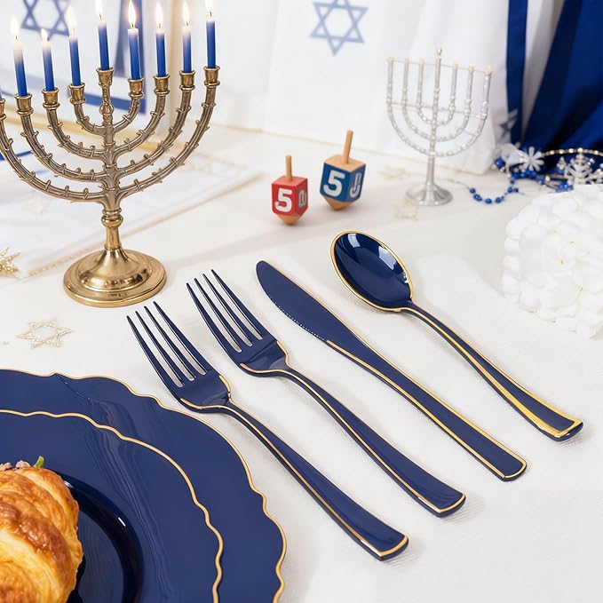 WDF 180PCS Blue Plastic Silverware -Blue and Gold Plastic Cutlery 60 Forks, 60 Knives, 60 Spoons - Heavy Duty Disposable Silverware for Party/Wedding/Hanukkah