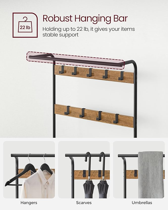 VASAGLE Coat Rack, Hall Tree with Shoe Bench for Entryway, Entryway Bench with Coat Rack, 4-in-1, with 9 Removable Hooks, a Hanging Rod, 13.3 x 28.3 x 72.1 Inches, Rustic Walnut and Black UHSR040B41