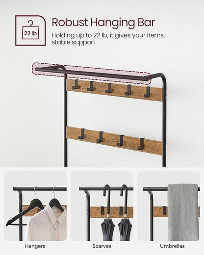 VASAGLE Coat Rack, Hall Tree with Shoe Bench for Entryway, Entryway Bench with Coat Rack, 4-in-1, with 9 Removable Hooks, a Hanging Rod, 13.3 x 28.3 x 72.1 Inches, Rustic Walnut and Black UHSR040B41