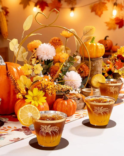 Ciaell 60 PCS Gold Plastic Cups - 9Oz Heavy Duty Plastic Cups - Thanksgiving Disposable Cup - Disposable Clear Wine Cup with Gold Pumpkin for Party & Thanksgiving