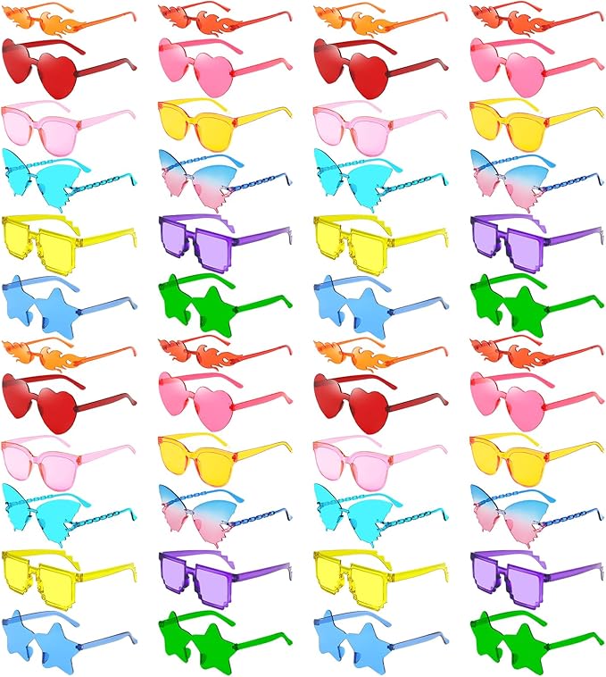 Wholesale 48 Pack Rimless Star/Heart Sunglasses Bulk Adults Unisex, Fun Colorful Star Heart Glasses Party Favors