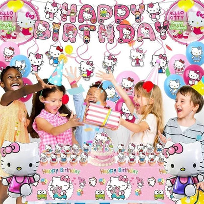 49Pcs - Kitty Birthday Party Decorations Set, Pink Theme with Banner, Balloons, Tablecloth, Cake Toppers..。