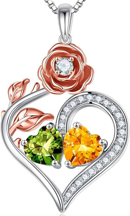 Iefil Rose Heart Birthstone Necklaces for Women - 925 Sterling Silver Double Birthstone Necklace, Anniversary Birthday Gifts for Women, Jewelry Gifts for Wife Her