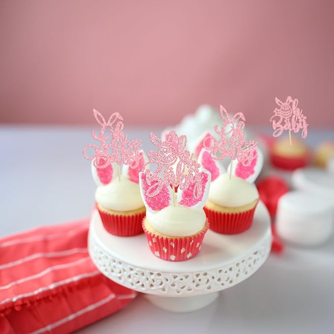 Ephlyn 24PC Happy Oh Baby Cupcake Toppers - Pink Glitter Bunny Babyshower Cake Topper Decorations - Birthday Party Supplies