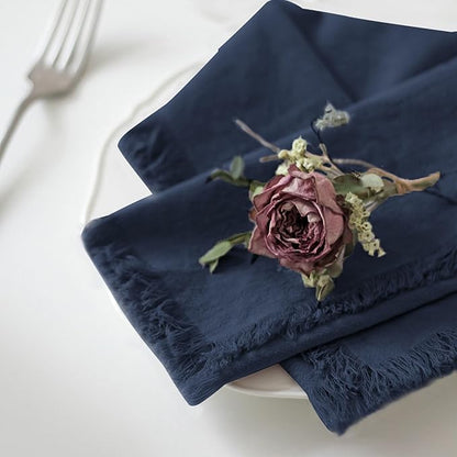 Handmade Cloth Napkins 100% Cotton Napkins with Fringe，Delicate Handmade Cloth Napkins for Dinners, Parties, Weddings and More，18 x 18 Inch Set of 4 - Navy Blue