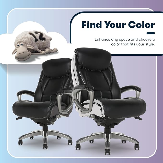Serta® Lautner Executive Home Office Desk Chair, Ergonomic High-Back with Adjustable Lumbar and Body Pillows, SmartLayers™ and ComfortCoils® Technology, Mesh and Bonded Leather, Black and White
