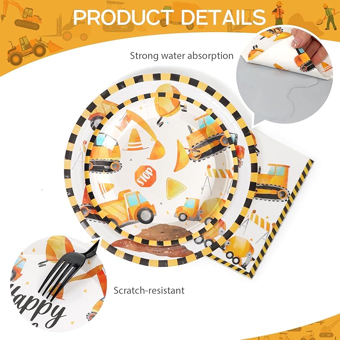 96pcs Construction Birthday Party Plates Disposable Tableware Set Paper Plates Round for 24 Guests Party Table Supplies Kids Party Picnic (Include Plates, Forks and Napkins)