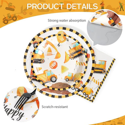 96pcs Construction Birthday Party Plates Disposable Tableware Set Paper Plates Round for 24 Guests Party Table Supplies Kids Party Picnic (Include Plates, Forks and Napkins)