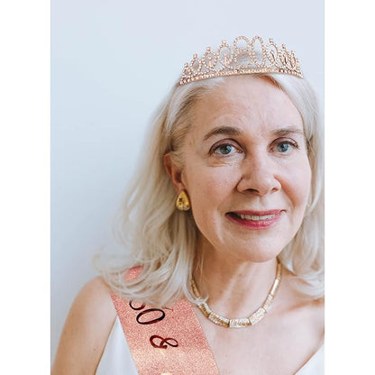 CIEHER 80th Birthday Crown + Sash + Pearl Pin Set, Elegant Gift for Women's 80th Birthday Party Decorations