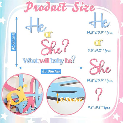 Large Wooden Gender Reveal Party Signs for Backdrop He or She Sign Decoration Decals Peel and Stick What Will Baby Be Decor Sticker for Balloon Arch Baby Gender Welcome Sign Girl or Boy Party Supplies