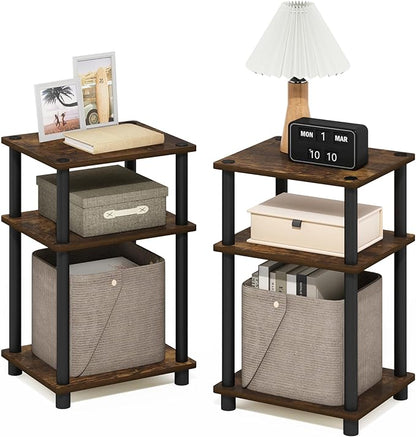 Furinno JUST Side Table Set of 2, 3-Tier End Tables, Open Shelves Night Stand, Nightstand, Toolless Assembly, for Living Room, Bedroom, Amber Pine