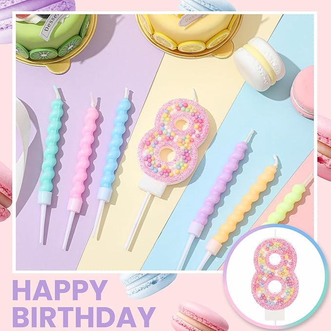 MTLEE Number 8 Birthday Candle with 12 Pcs Spiral Candles for Girls Macaron Pastel Rainbow Unicorn Pink Cake Topper for Sweet Theme Party Decoration