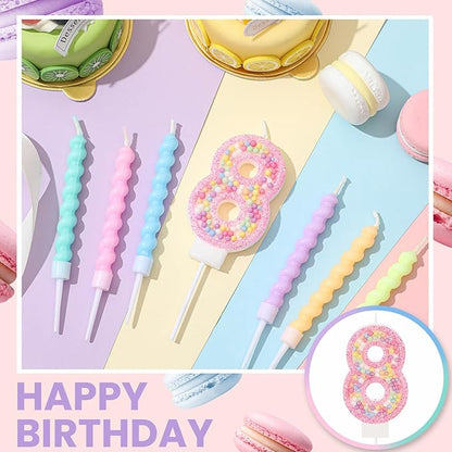 MTLEE Number 8 Birthday Candle with 12 Pcs Spiral Candles for Girls Macaron Pastel Rainbow Unicorn Pink Cake Topper for Sweet Theme Party Decoration