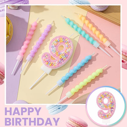 MTLEE Number 9 Birthday Candle with 12 Pcs Spiral Candles for Girls Macaron Pastel Rainbow Unicorn Pink Cake Topper for Sweet Theme Party Decoration