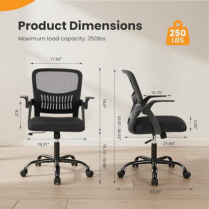 Sweetcrispy Home Office Managerial Executive Chair, Flip Up Armrest Ergonomic Mesh Adjustable Swivel Mid-Back Computer Desk Chair with Comfortable Lumbar Support, Comfy Arms for Bedroom,Study