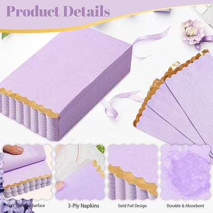 50 Dinner Napkins Paper Decorative, Gold Foil Scalloped Edged Guest Napkins Disposable, Lavender Napkins for Wedding, Birthday, Shower Baby, Tea Parties Supplies (4 x 8 In, Purple)