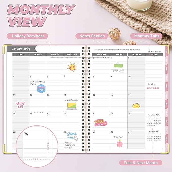 Daily Planner 2026 (8.5" x 11") - Weekly & Monthly Planner (Jan. 2026 - Dec. 2026), Column View Calendar Organizers, Hardcover Agenda Book with Tabs for Office & School, Pink