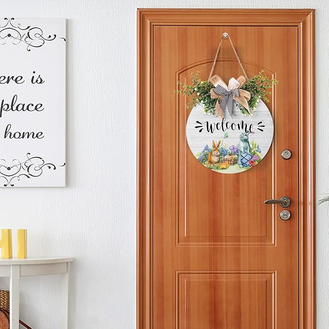 Harooni Easter Wooden Sign, 12 Inches, Rustic, Pastel Pink, Yellow, Green; Black, White, Round, Welcome, Wood, Hanging, Front Door, Front Porch, Wall