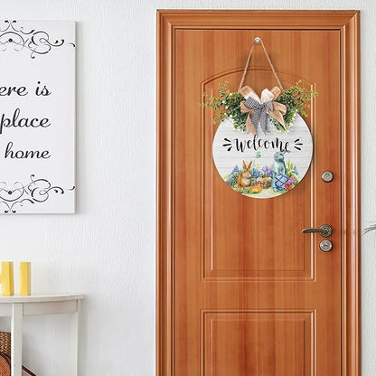 Harooni Easter Wooden Sign, 12 Inches, Rustic, Pastel Pink, Yellow, Green; Black, White, Round, Welcome, Wood, Hanging, Front Door, Front Porch, Wall
