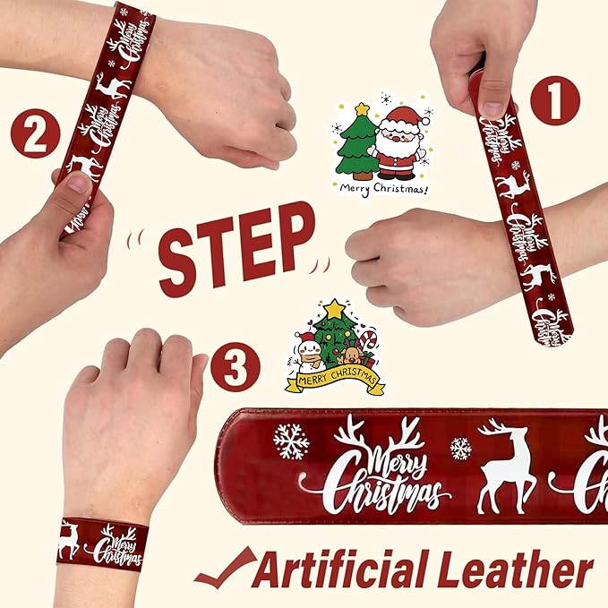 99pcs Christmas Decorations Set – 24PCS Slap Bracelets and 75PCS Stickers, Bulk Christmas Gifts and Party Favors, Fun Holiday Wristbands for Festive Gifts & Stocking Stuffers