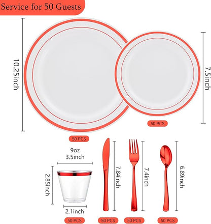 300 PCS Red Dinnerware Set for 50 Guests,Red Rimmed Heavy Duty Plastic Disposable Plates for Party Wedding-50 Dinner Plates,Dessert Plates,Spoons,Forks,Knives,Cups