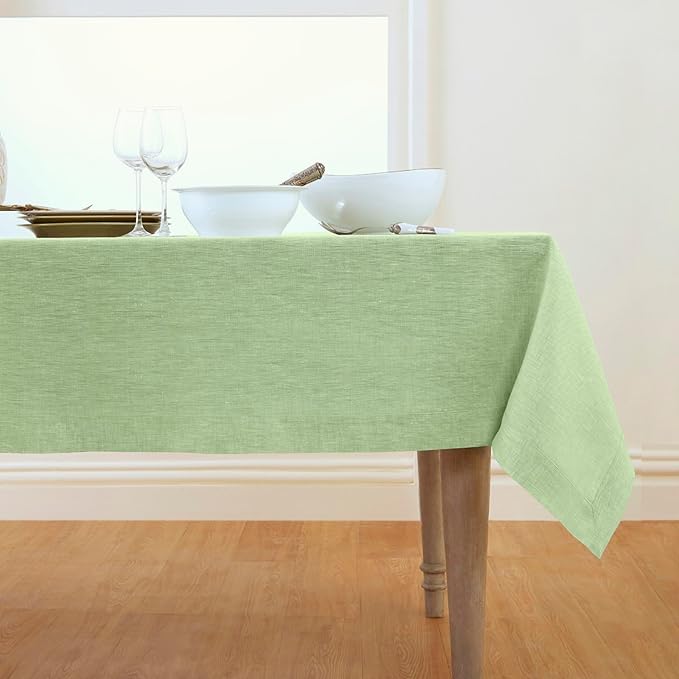 Solino Home Linen Tablecloth 60 x 90 Inch - 100% Pure Linen Chambray Green Table Cloth for Rectangle Tables - Athena, Machine Washable Tablecloth